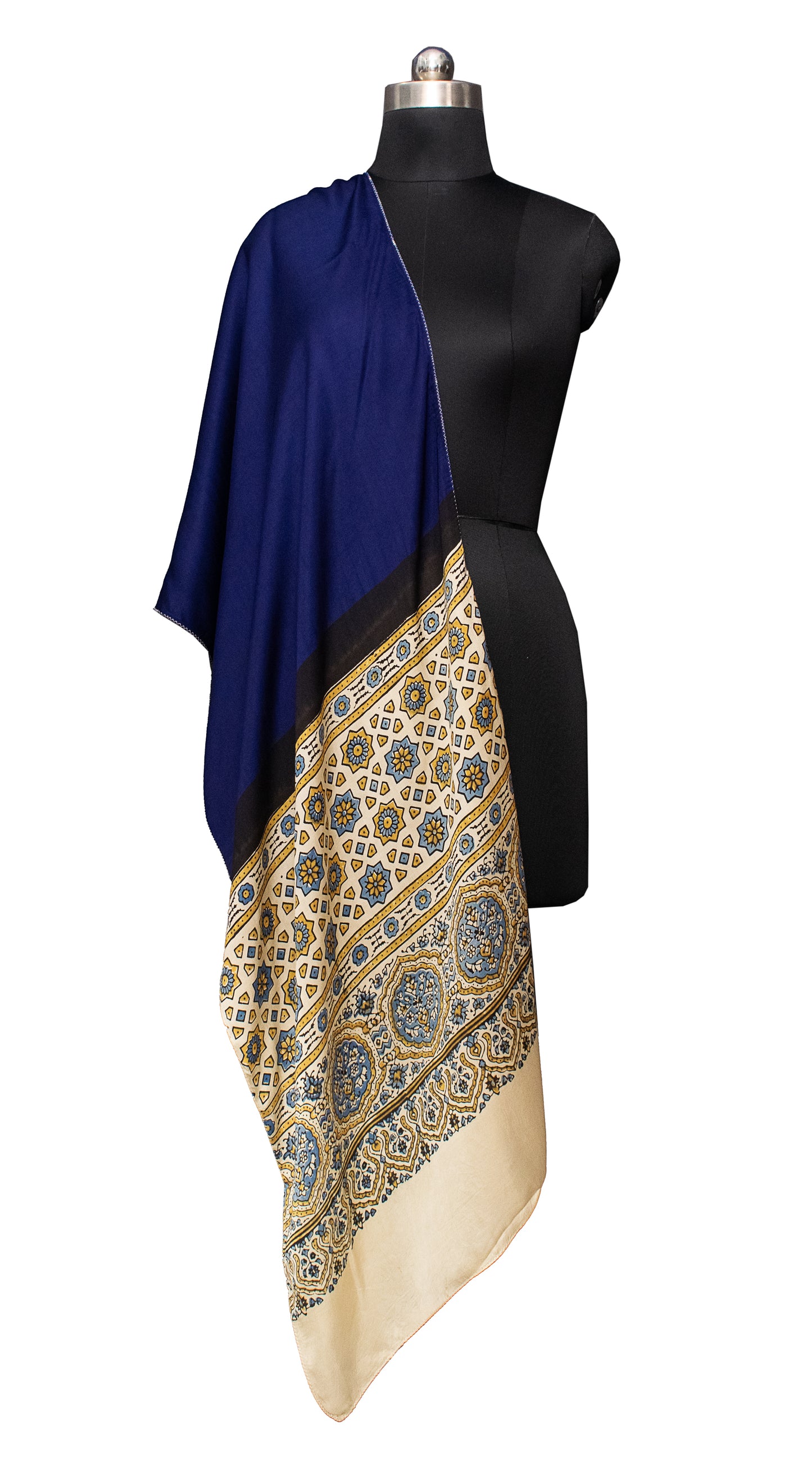 Plain Dyeing Modal Silk Part Natural Dye Half Ajrakh Hand Block Print Stole  - 2.1 Mtr Length    -  SKU : ID25902E