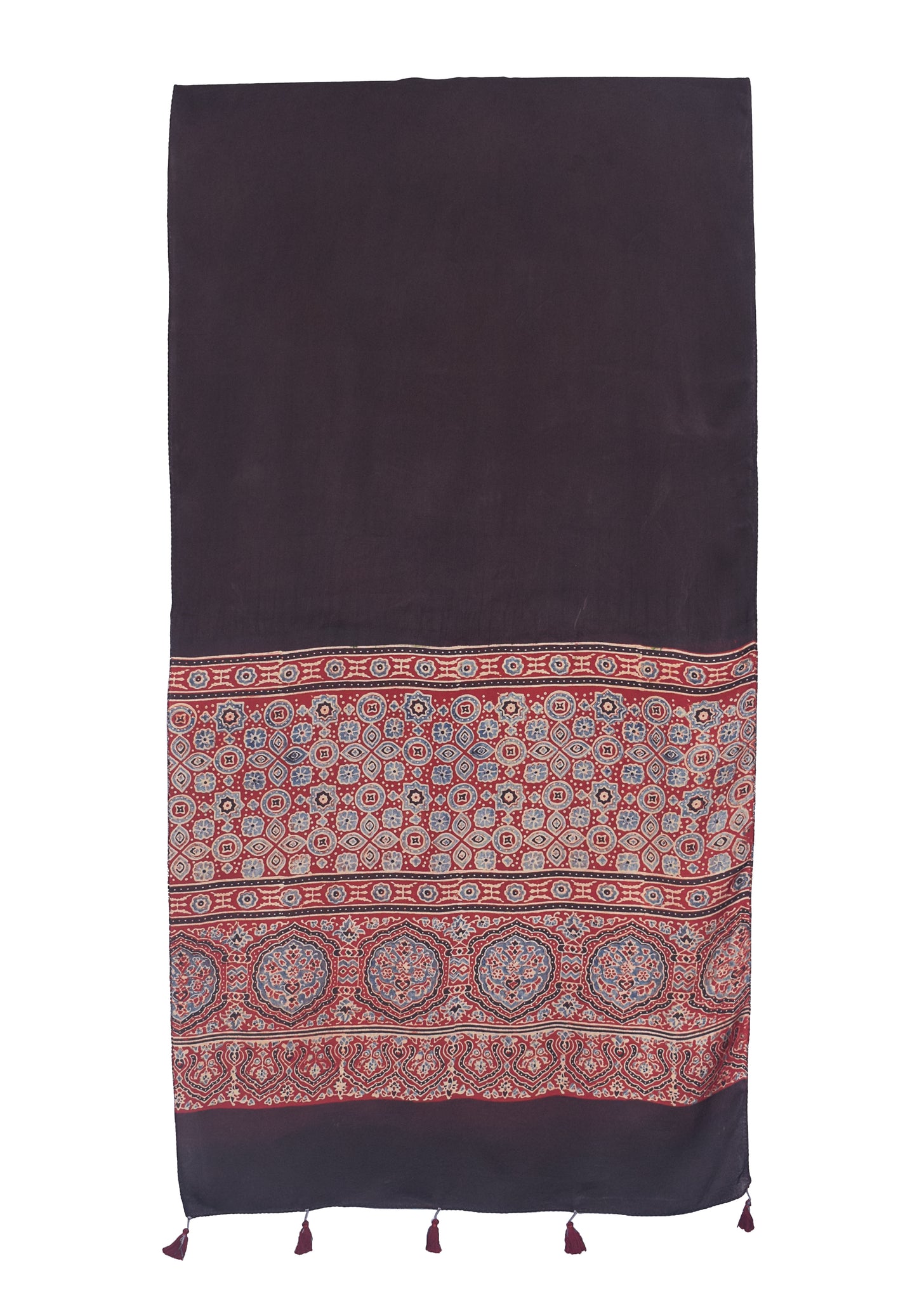 Plain Dyeing Modal Silk Part Natural Dye Half Ajrakh Hand Block Print Stole  - 2.1 Mtr Length    -  SKU : ID03A02A