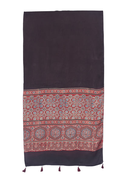 Plain Dyeing Modal Silk Part Natural Dye Half Ajrakh Hand Block Print Stole  - 2.1 Mtr Length    -  SKU : ID03A02A