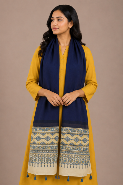 Plain Dyeing Modal Silk Part Natural Dye Half Ajrakh Hand Block Print Stole with Tassels - 2.1 Mtr Length    -  SKU : AI22503M