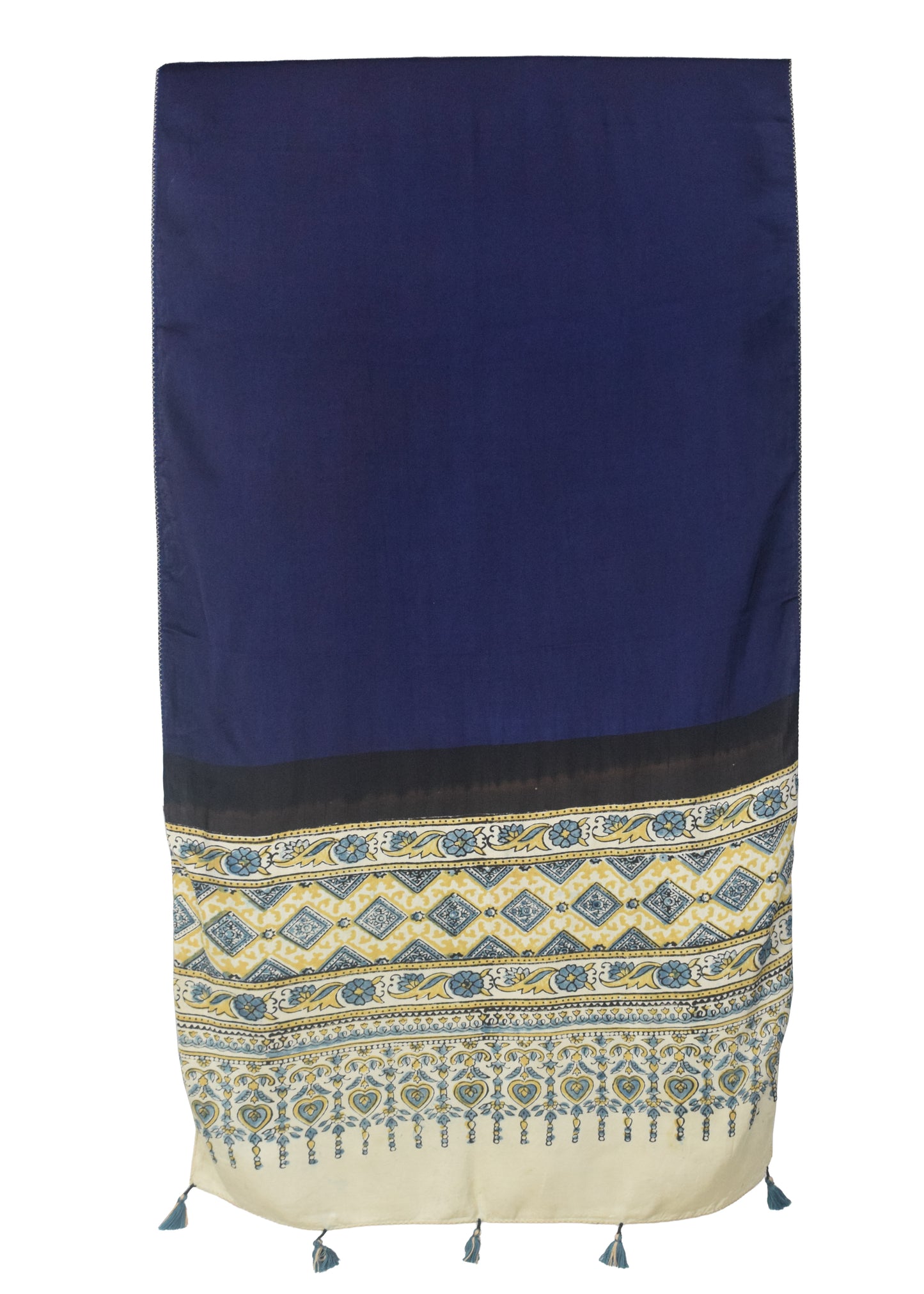 Plain Dyeing Modal Silk Part Natural Dye Half Ajrakh Hand Block Print Stole with Tassels - 2.1 Mtr Length    -  SKU : AI22503M