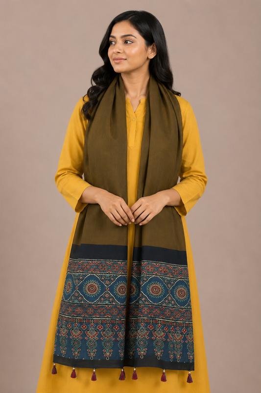 Plain Dyeing Modal Silk Part Natural Dye Half Ajrakh Hand Block Print Stole with Tassels - 2.1 Mtr Length    -  SKU : AI22503D