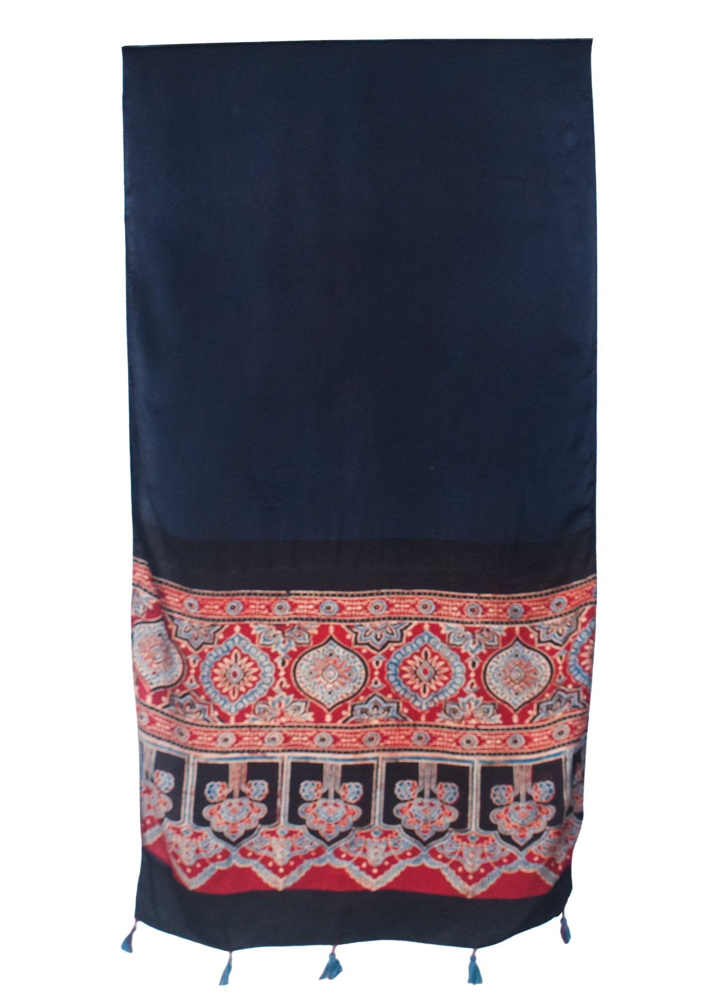 Plain Dyeing Modal Silk Part Natural Dye Half Ajrakh Hand Block Print Stole with Tassels - 2.1 Mtr Length    -  SKU : AI22503P