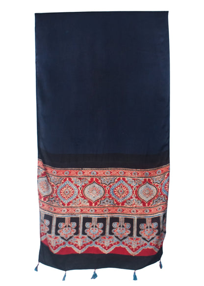 Plain Dyeing Modal Silk Part Natural Dye Half Ajrakh Hand Block Print Stole with Tassels - 2.1 Mtr Length    -  SKU : AI22503P