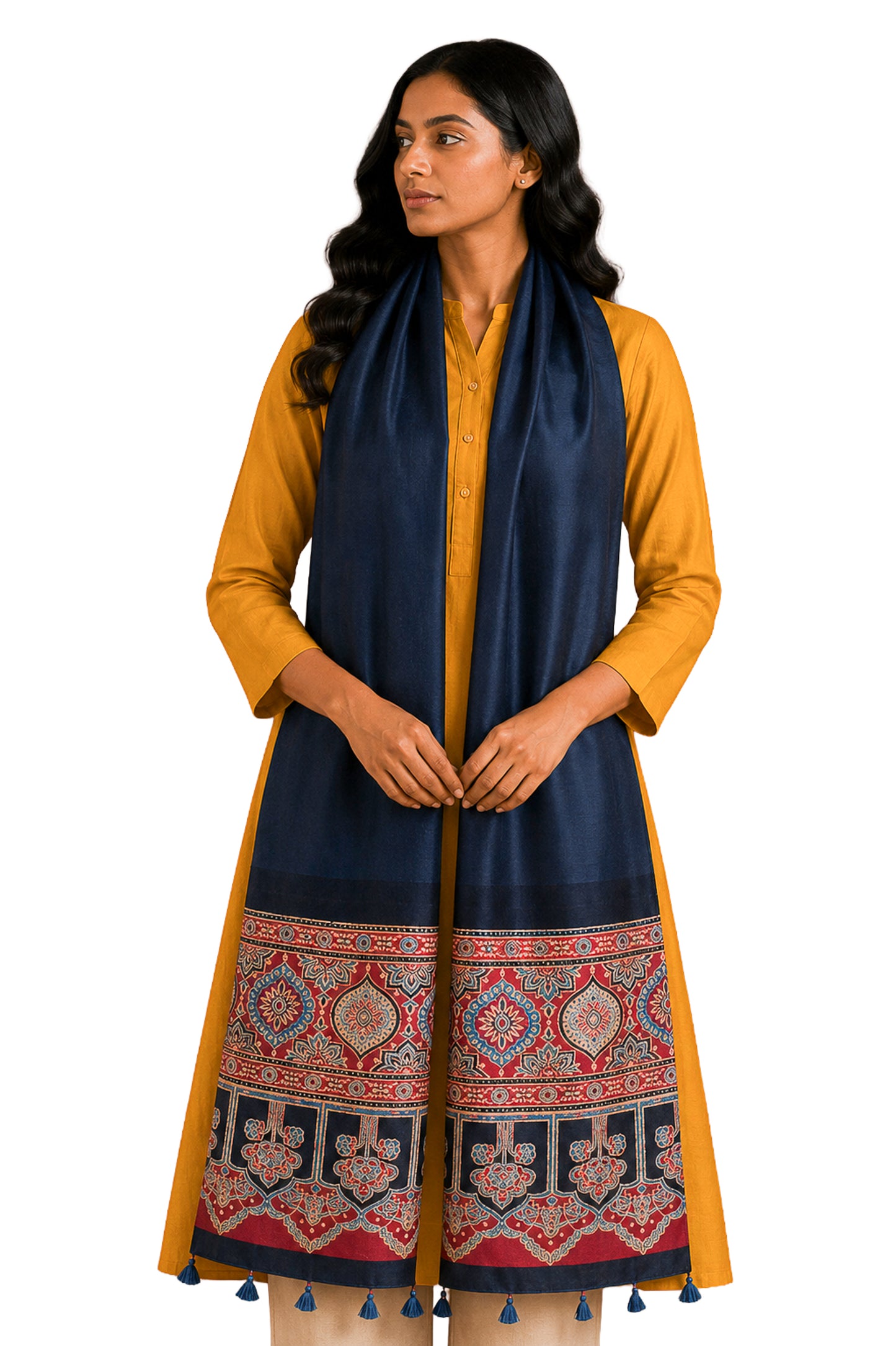 Plain Dyeing Modal Silk Part Natural Dye Half Ajrakh Hand Block Print Stole with Tassels - 2.1 Mtr Length    -  SKU : AI22503P
