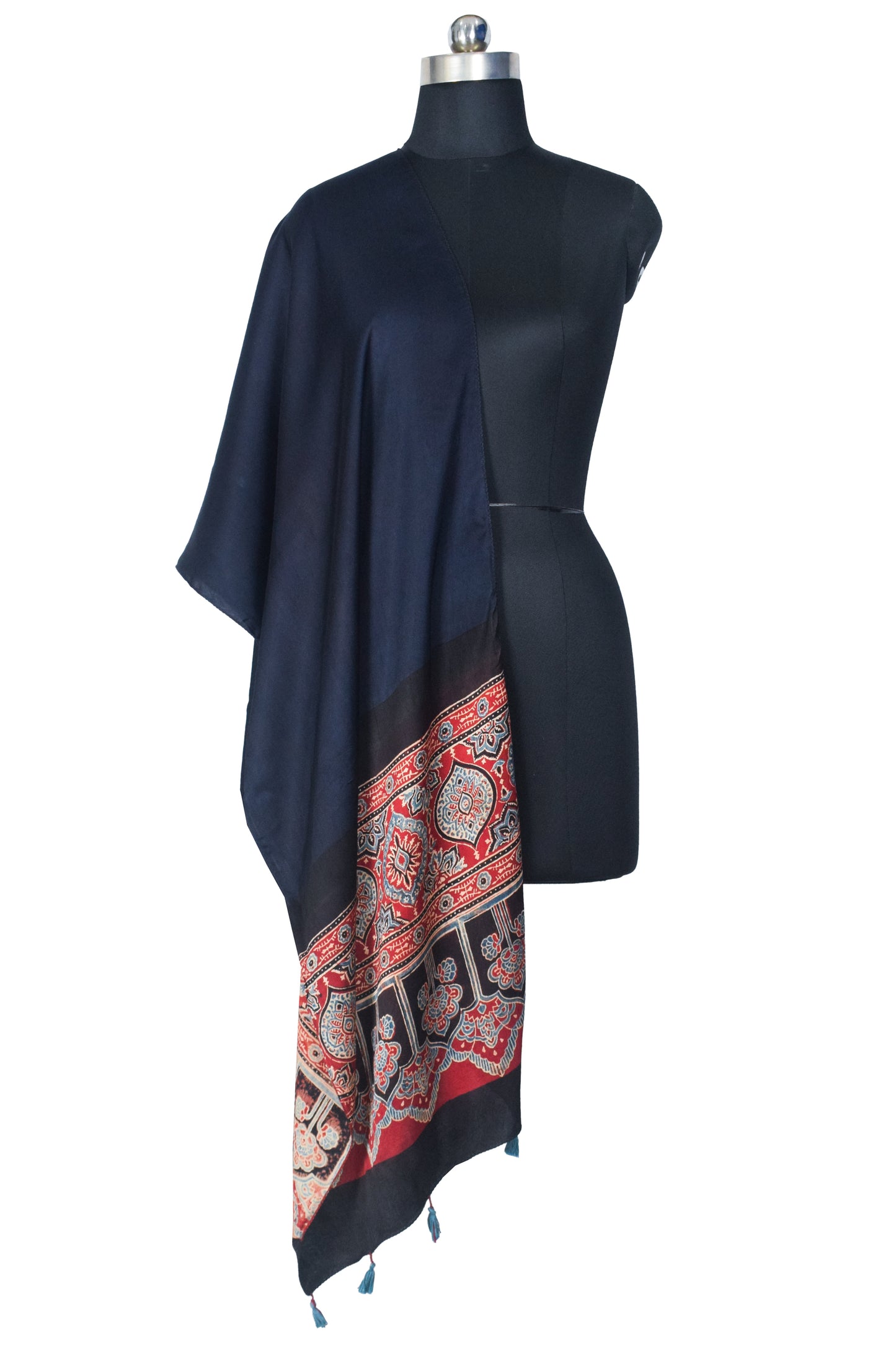 Plain Dyeing Modal Silk Part Natural Dye Half Ajrakh Hand Block Print Stole with Tassels - 2.1 Mtr Length    -  SKU : AI22503P