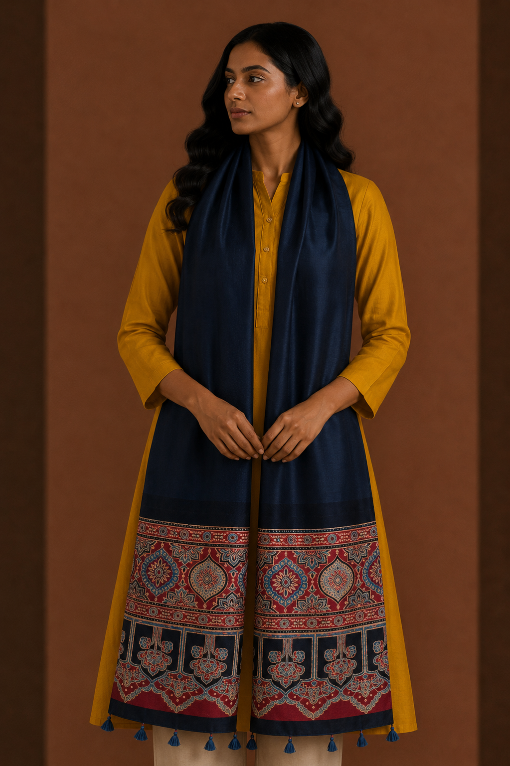 Plain Dyeing Modal Silk Part Natural Dye Half Ajrakh Hand Block Print Stole with Tassels - 2.1 Mtr Length    -  SKU : AI22503P