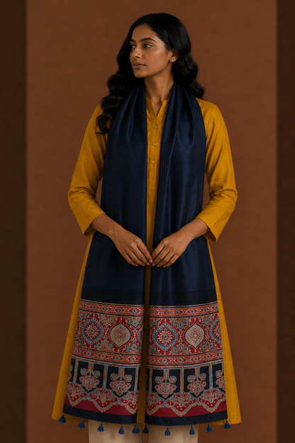 Plain Dyeing Modal Silk Part Natural Dye Half Ajrakh Hand Block Print Stole with Tassels - 2.1 Mtr Length    -  SKU : AI22503P