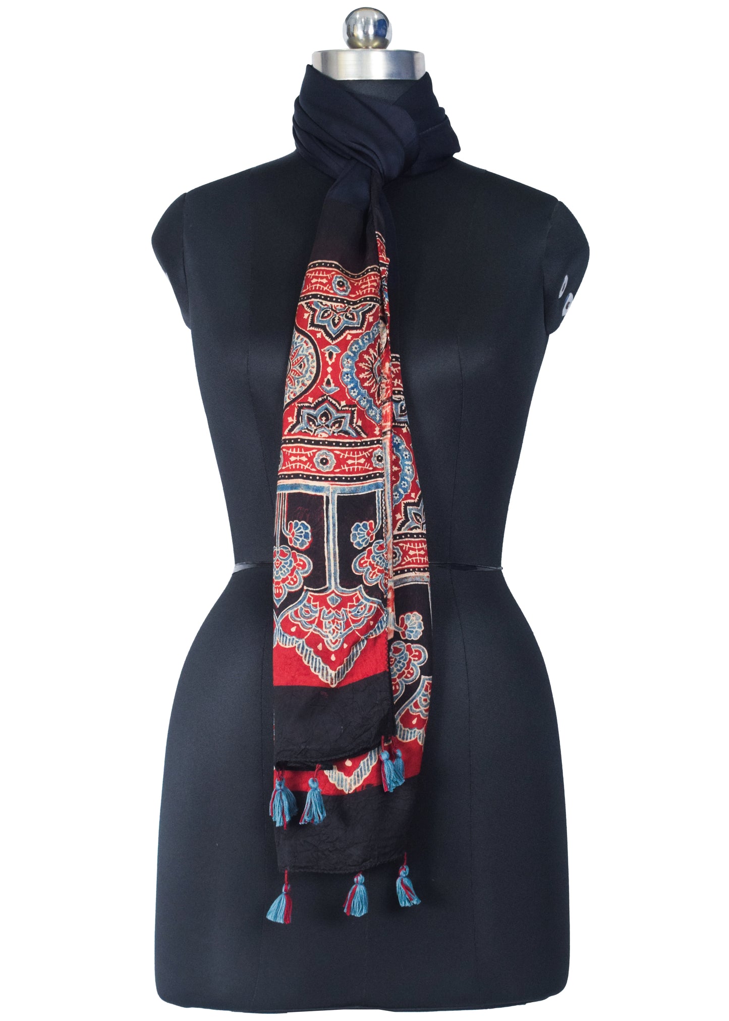 Plain Dyeing Modal Silk Part Natural Dye Half Ajrakh Hand Block Print Stole with Tassels - 2.1 Mtr Length    -  SKU : AI22503P