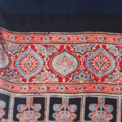 Plain Dyeing Modal Silk Part Natural Dye Half Ajrakh Hand Block Print Stole with Tassels - 2.1 Mtr Length    -  SKU : AI22503P