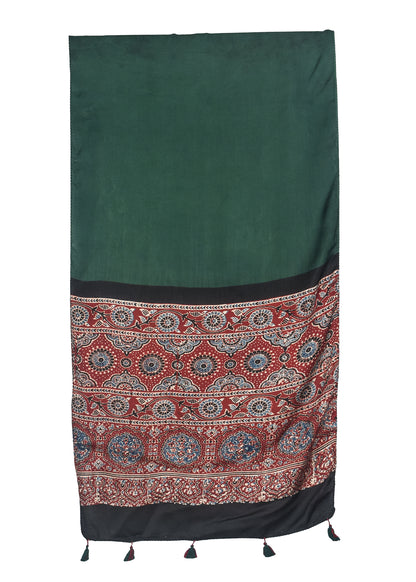 Plain Dyeing Modal Silk Part Natural Dye Half Ajrakh Hand Block Print Stole with Tassels - 2.1 Mtr Length    -  SKU : ID27C01G