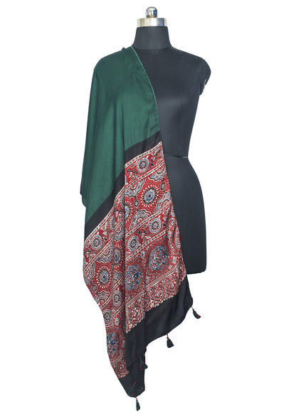 Plain Dyeing Modal Silk Part Natural Dye Half Ajrakh Hand Block Print Stole with Tassels - 2.1 Mtr Length    -  SKU : ID27C01G