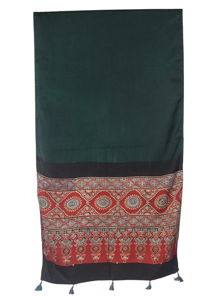 Plain Dyeing Modal Silk Part Natural Dye Half Ajrakh Hand Block Print Stole with Tassels - 2.1 Mtr Length    -  SKU : AI2253AA