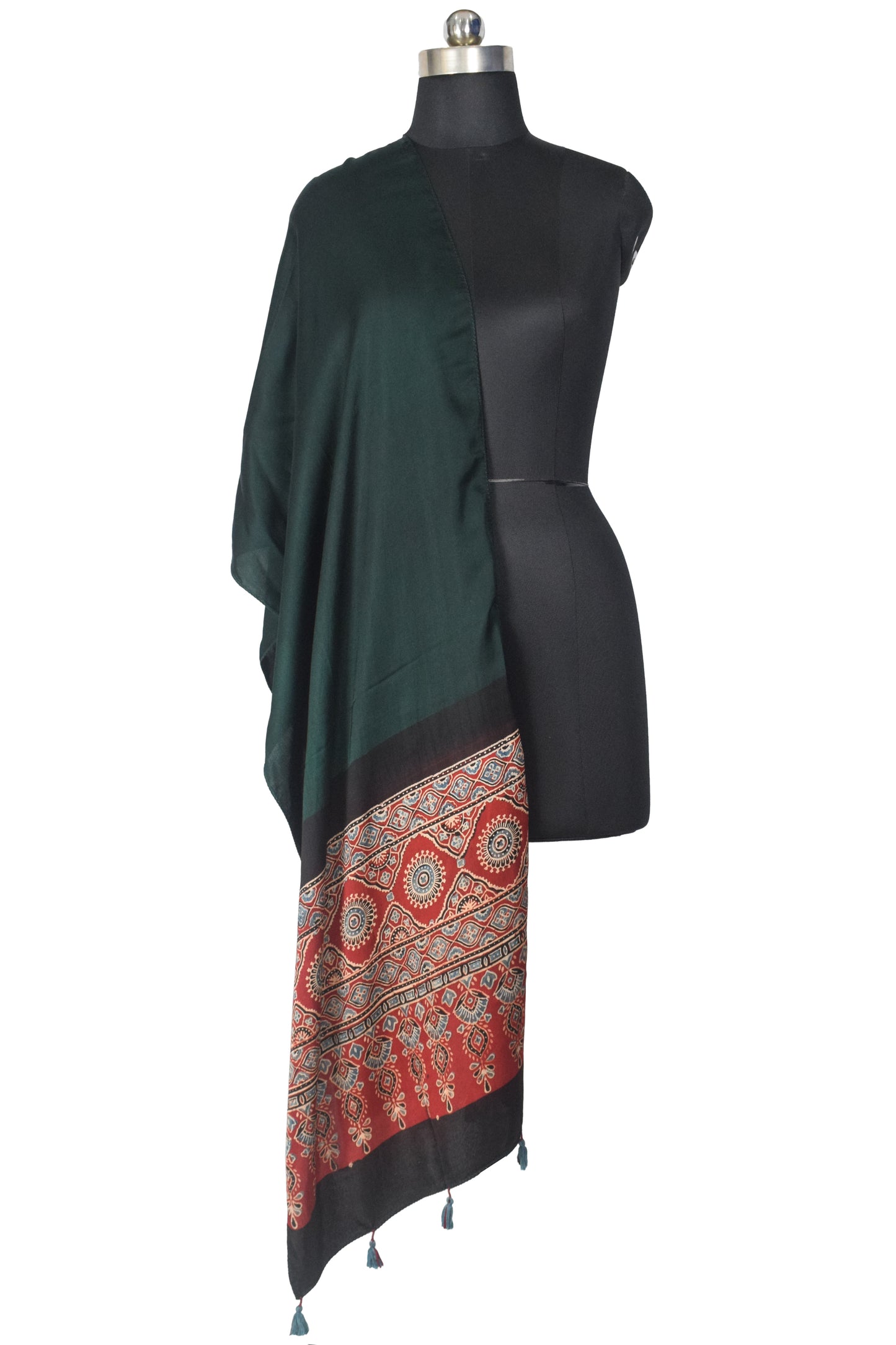 Plain Dyeing Modal Silk Part Natural Dye Half Ajrakh Hand Block Print Stole with Tassels - 2.1 Mtr Length    -  SKU : AI2253AA