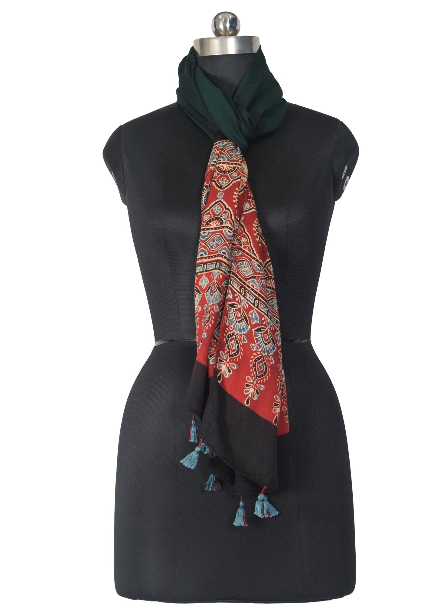 Plain Dyeing Modal Silk Part Natural Dye Half Ajrakh Hand Block Print Stole with Tassels - 2.1 Mtr Length    -  SKU : AI2253AA