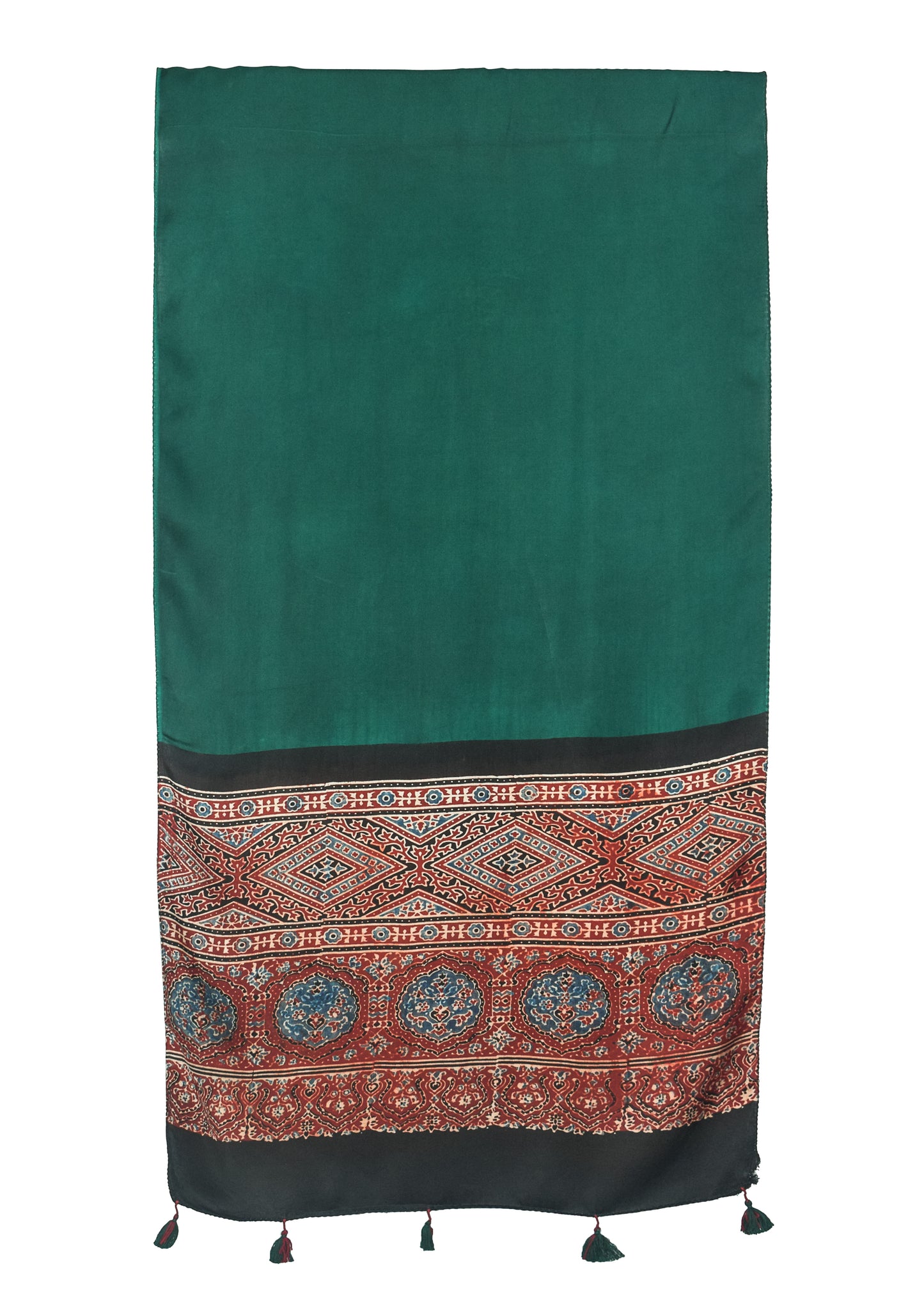 Plain Dyeing Modal Silk Part Natural Dye Half Ajrakh Hand Block Print Stole with Tassels - 2.1 Mtr Length    -  SKU : ID27C01B