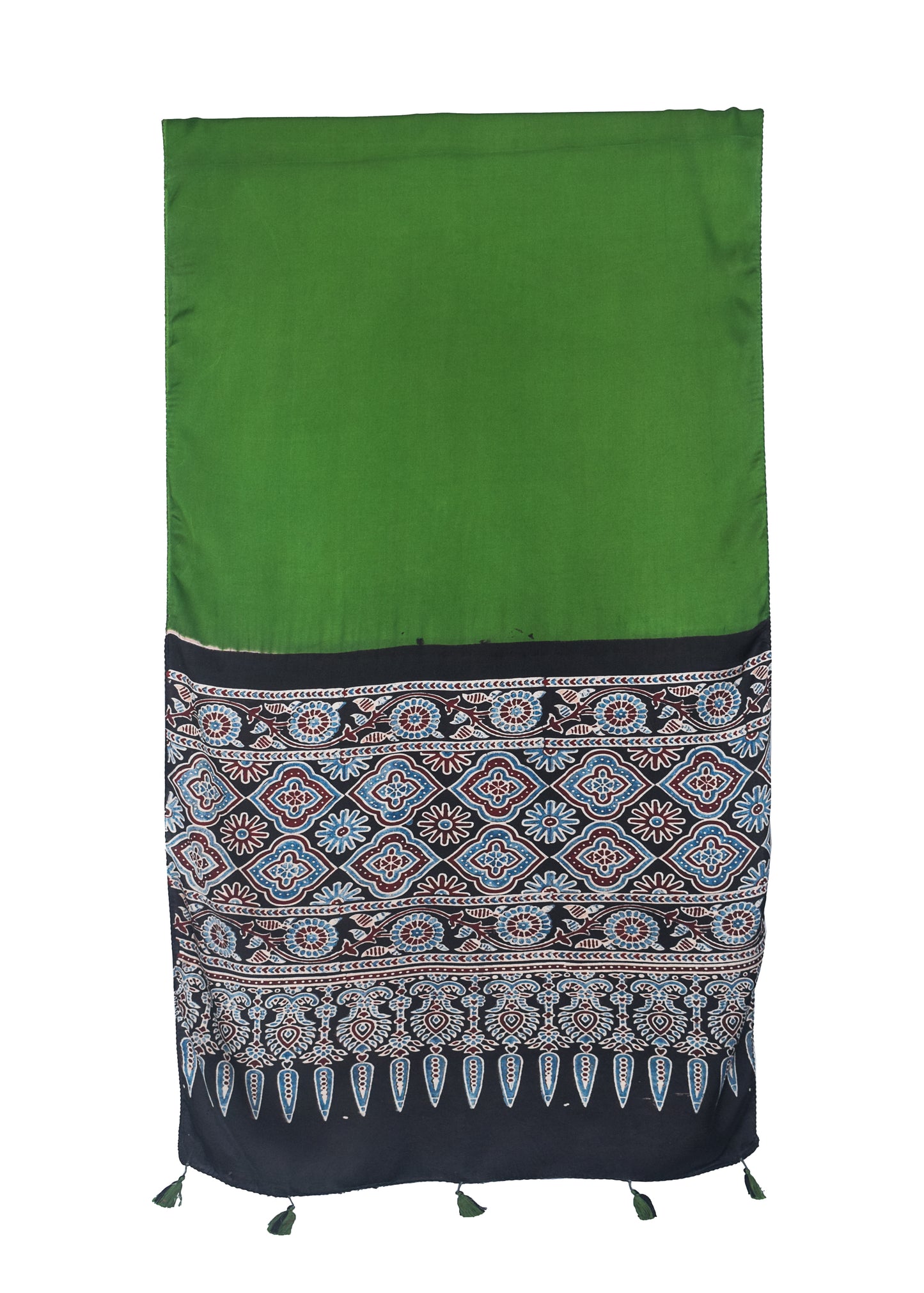 Plain Dyeing Modal Silk Part Natural Dye Half Ajrakh Hand Block Print Stole with Tassels - 2.1 Mtr Length    -  SKU : ID27C01F