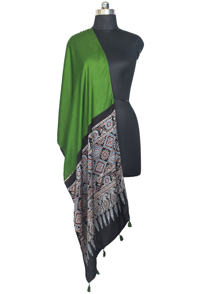 Plain Dyeing Modal Silk Part Natural Dye Half Ajrakh Hand Block Print Stole with Tassels - 2.1 Mtr Length    -  SKU : ID27C01F