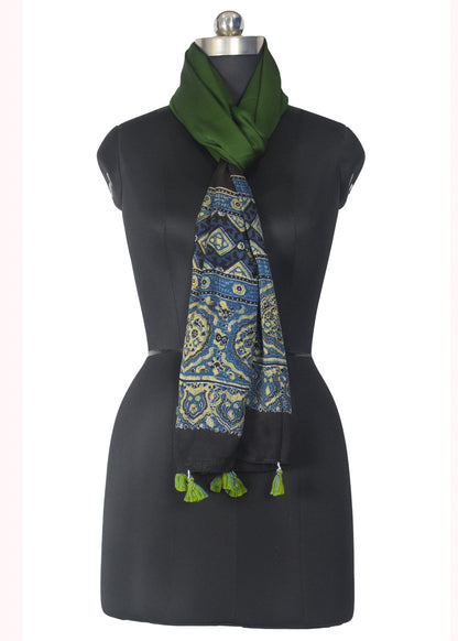 Plain Dyeing Modal Silk Part Natural Dye Half Ajrakh Hand Block Print Stole with Tassels - 2.1 Mtr Length    -  SKU : AI2253AC