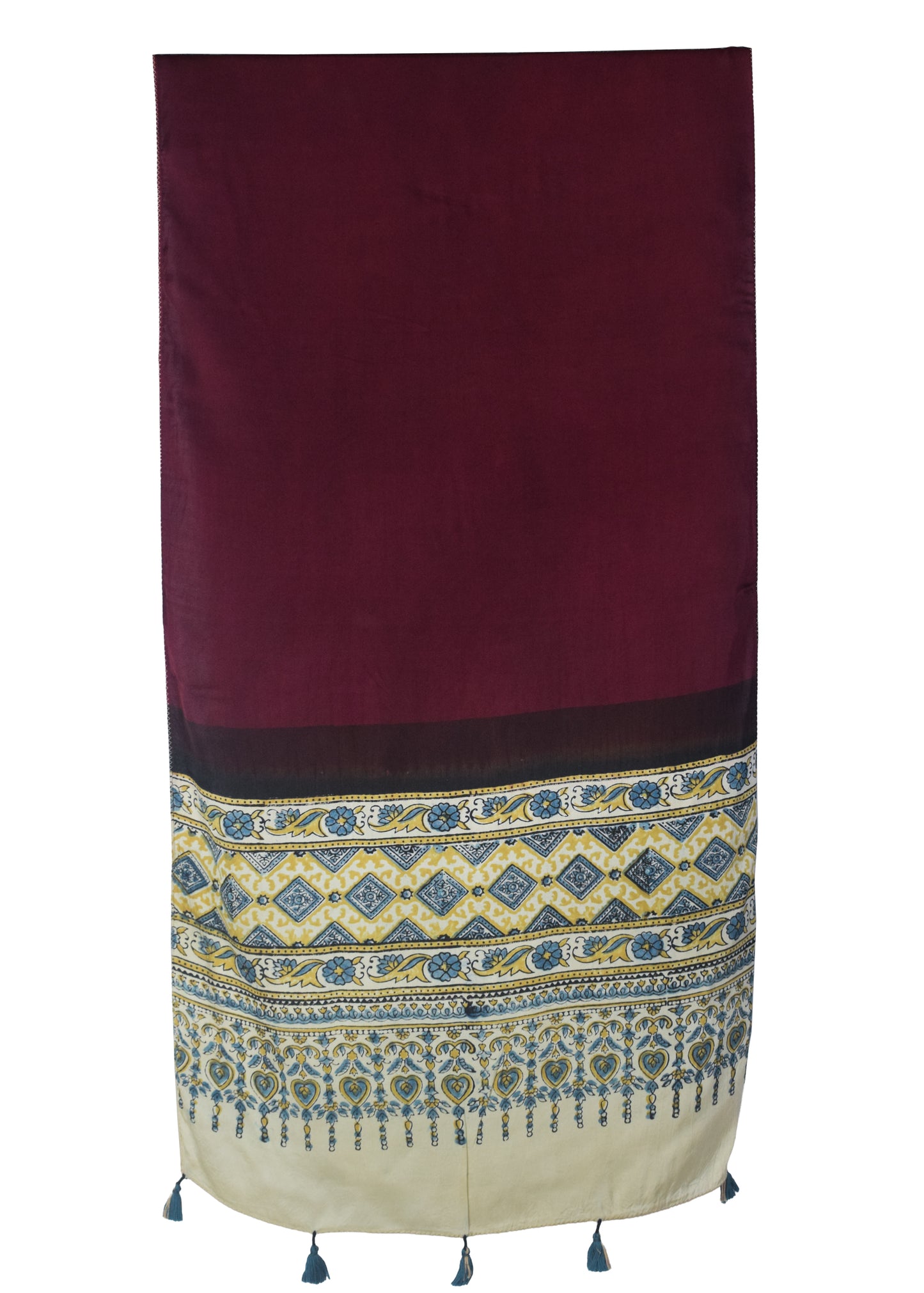Plain Dyeing Modal Silk Part Natural Dye Half Ajrakh Hand Block Print Stole with Tassels - 2.1 Mtr Length    -  SKU : AI22503C