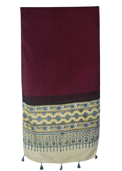 Plain Dyeing Modal Silk Part Natural Dye Half Ajrakh Hand Block Print Stole with Tassels - 2.1 Mtr Length    -  SKU : AI22503C