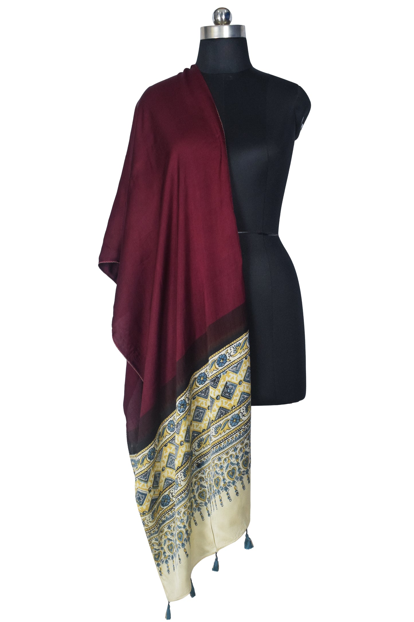 Plain Dyeing Modal Silk Part Natural Dye Half Ajrakh Hand Block Print Stole with Tassels - 2.1 Mtr Length    -  SKU : AI22503C