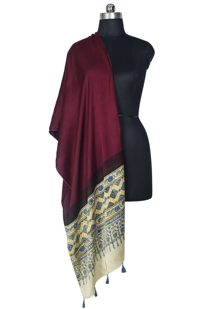 Plain Dyeing Modal Silk Part Natural Dye Half Ajrakh Hand Block Print Stole with Tassels - 2.1 Mtr Length    -  SKU : AI22503C