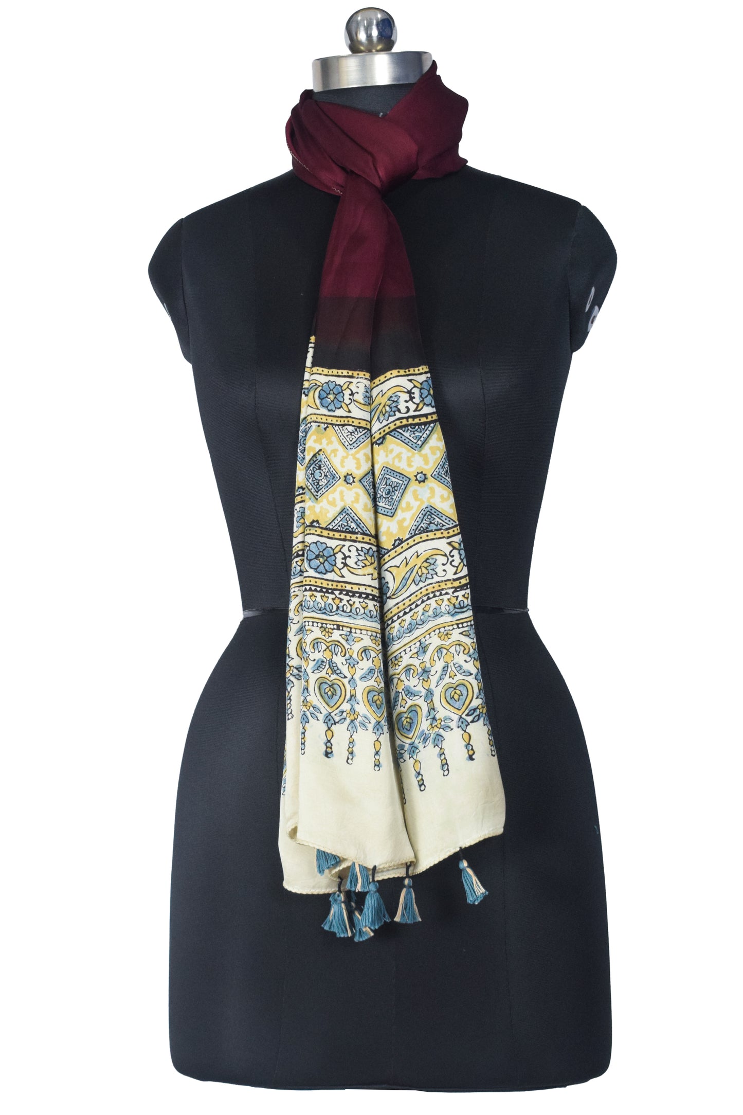 Plain Dyeing Modal Silk Part Natural Dye Half Ajrakh Hand Block Print Stole with Tassels - 2.1 Mtr Length    -  SKU : AI22503C