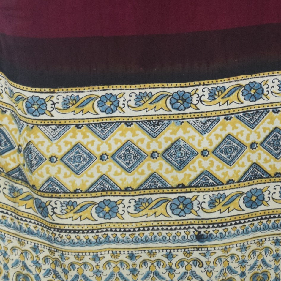 Plain Dyeing Modal Silk Part Natural Dye Half Ajrakh Hand Block Print Stole with Tassels - 2.1 Mtr Length    -  SKU : AI22503C