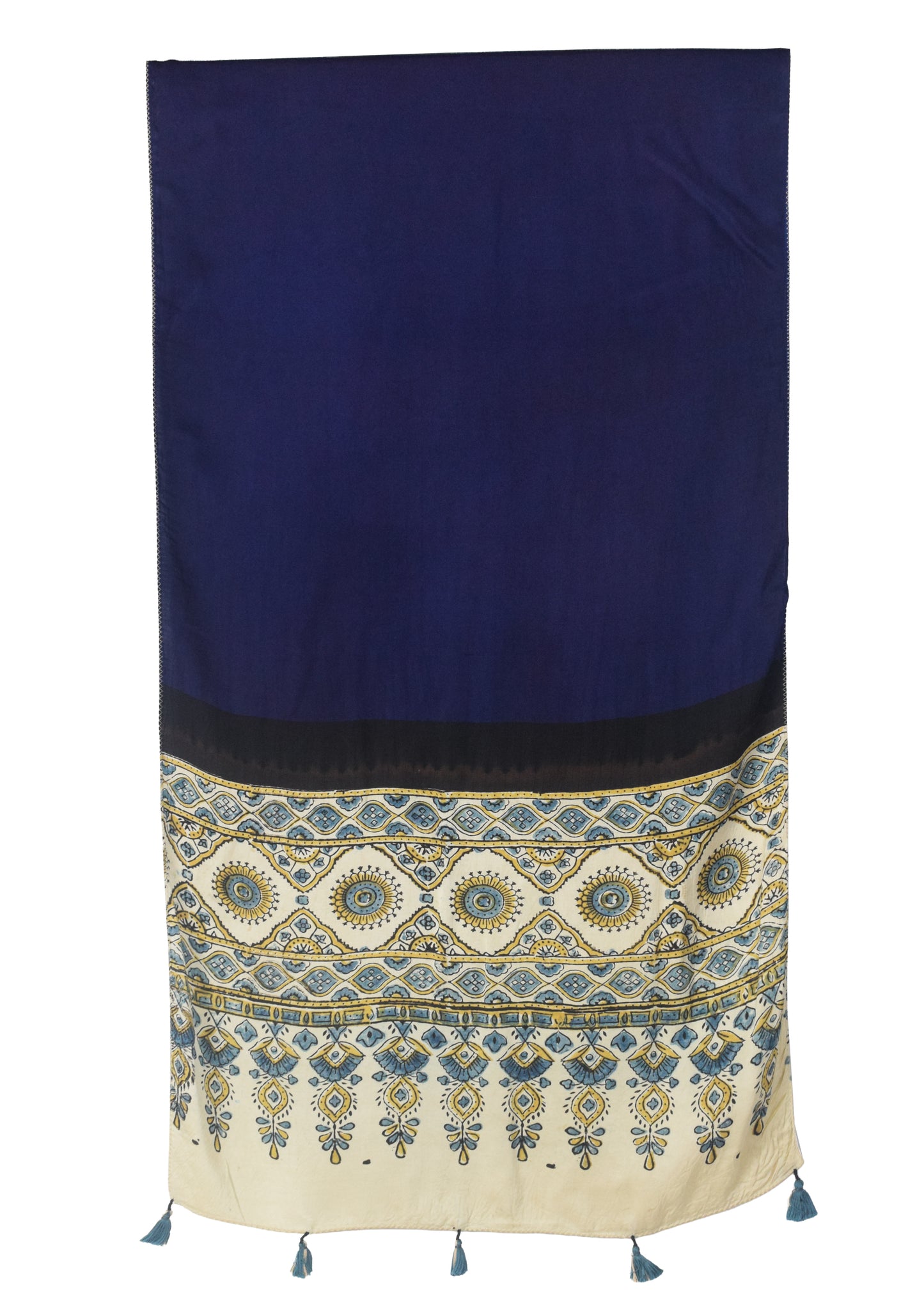 Plain Dyeing Modal Silk Part Natural Dye Half Ajrakh Hand Block Print Stole with Tassels - 2.1 Mtr Length    -  SKU : AI22503F