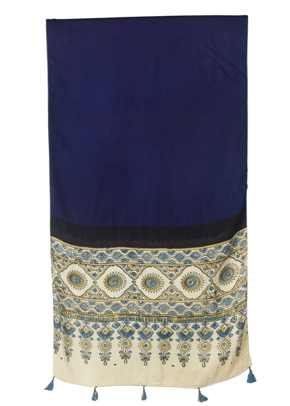 Plain Dyeing Modal Silk Part Natural Dye Half Ajrakh Hand Block Print Stole with Tassels - 2.1 Mtr Length    -  SKU : AI22503F