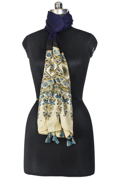 Plain Dyeing Modal Silk Part Natural Dye Half Ajrakh Hand Block Print Stole with Tassels - 2.1 Mtr Length    -  SKU : AI22503F