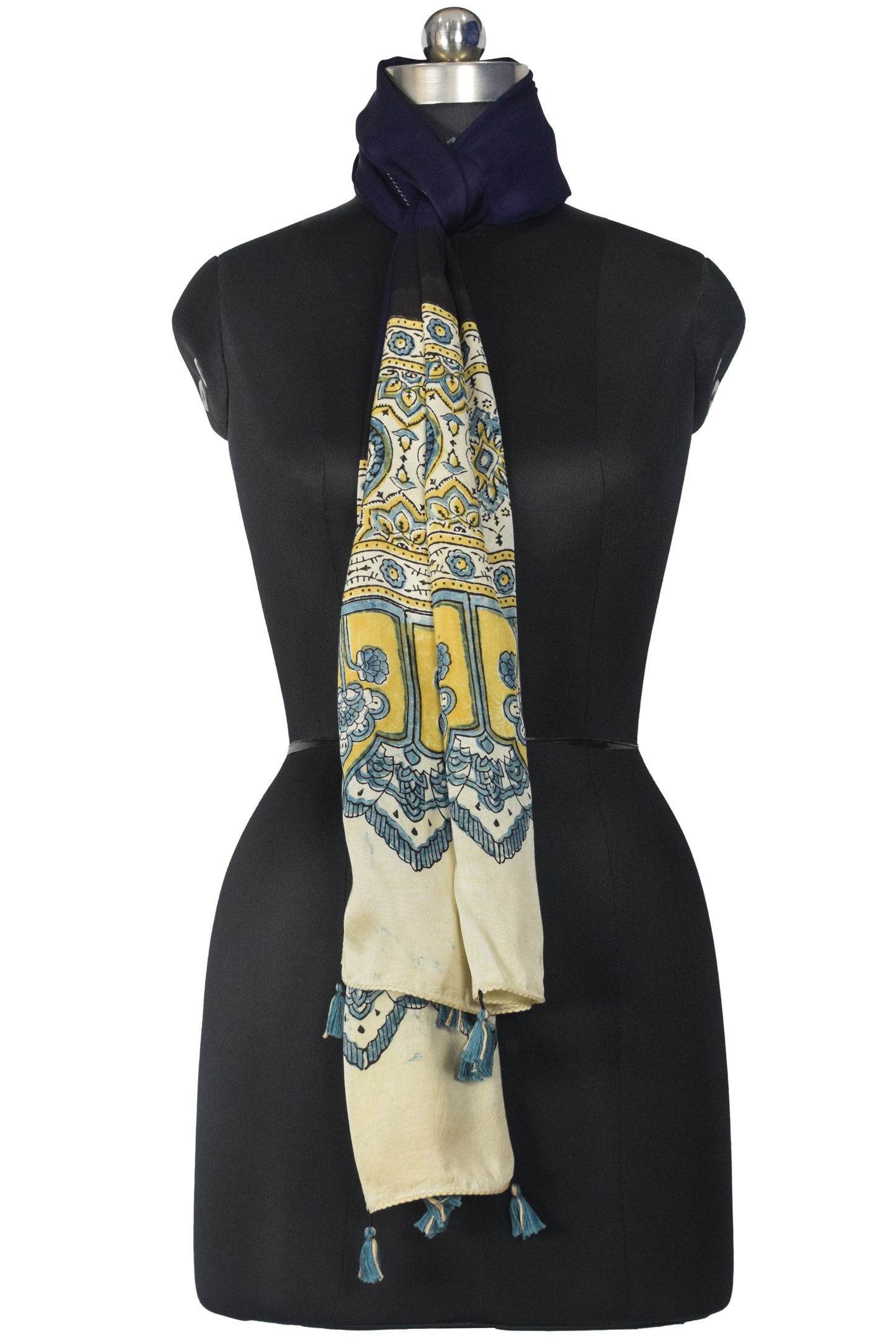 Plain Dyeing Modal Silk Part Natural Dye Half Ajrakh Hand Block Print Stole with Tassels - 2.1 Mtr Length    -  SKU : AI22503H