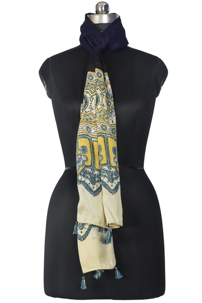 Plain Dyeing Modal Silk Part Natural Dye Half Ajrakh Hand Block Print Stole with Tassels - 2.1 Mtr Length    -  SKU : AI22503H