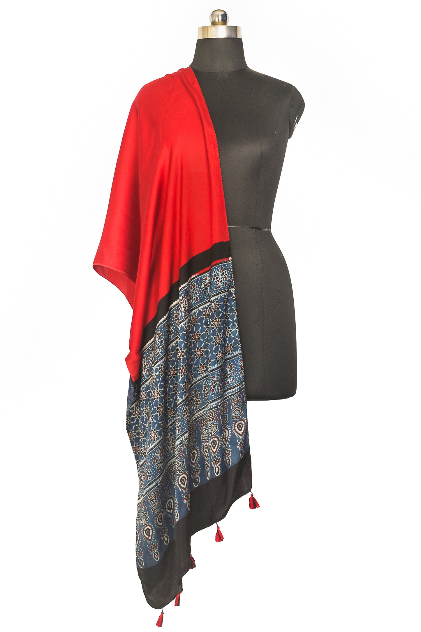 Plain Dyeing Modal Silk Part Natural Dye Half Ajrakh Hand Block Print Stole with Tassels - 2.1 Mtr Length    -  SKU : ID27C01A