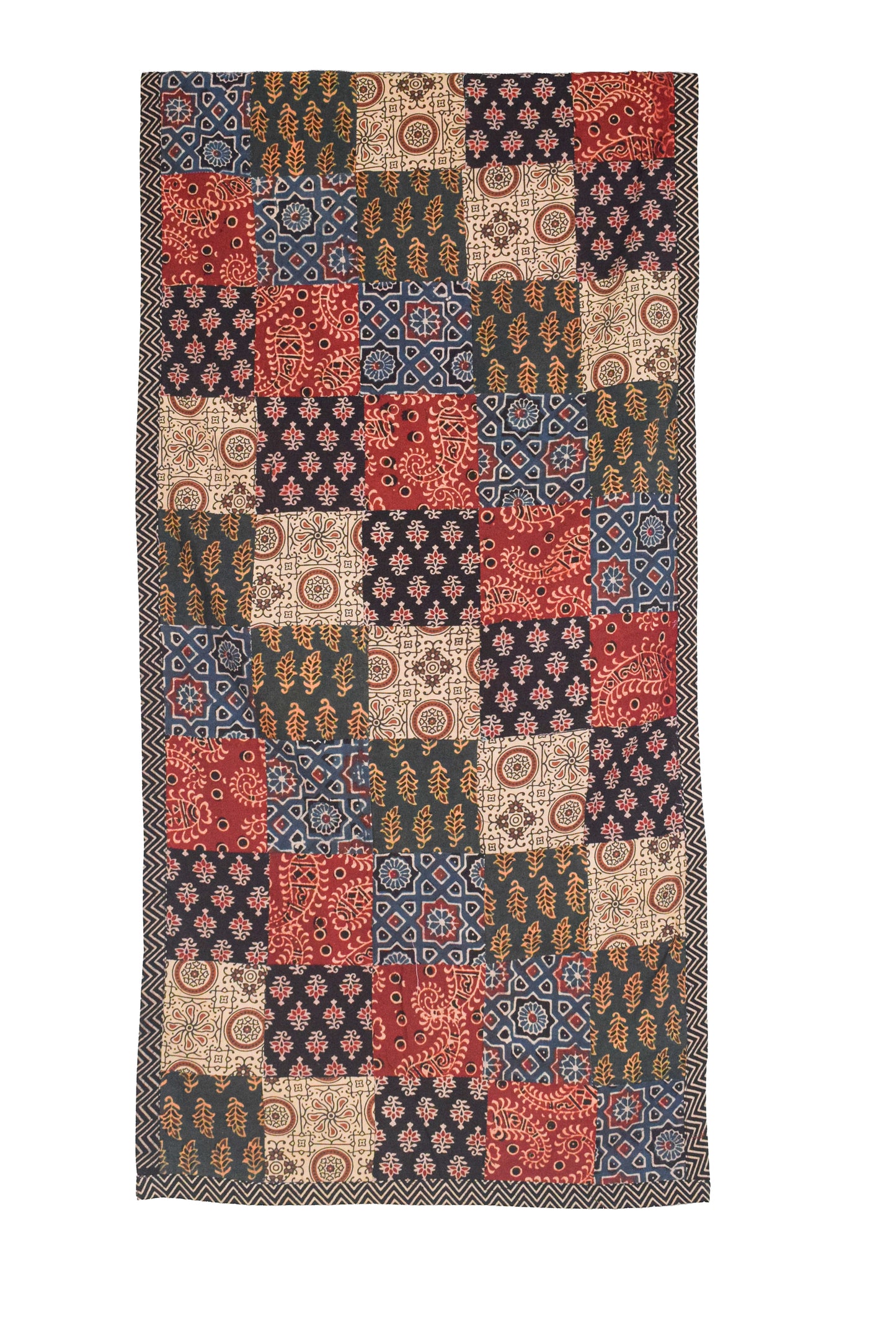 Ajrakh Cotton Natural Dye Applique ( Patches) Work Hand Block Print Stole  - 2.1 Mtr Length    -  SKU : KB25701A