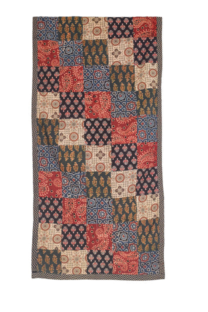 Ajrakh Cotton Natural Dye Applique ( Patches) Work Hand Block Print Stole  - 2.1 Mtr Length    -  SKU : KB25701A