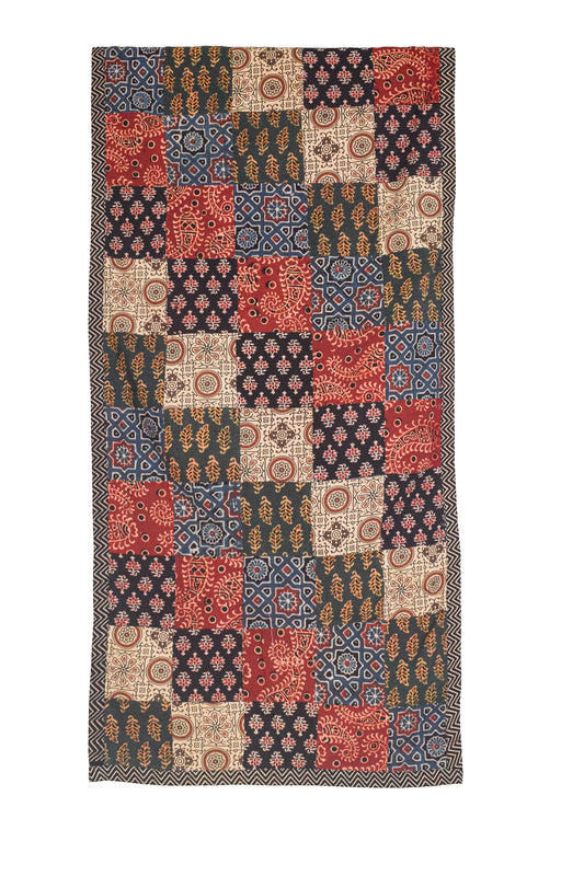 Ajrakh Cotton Natural Dye Applique ( Patches) Work Hand Block Print Stole  - 2.1 Mtr Length    -  SKU : KB25701A