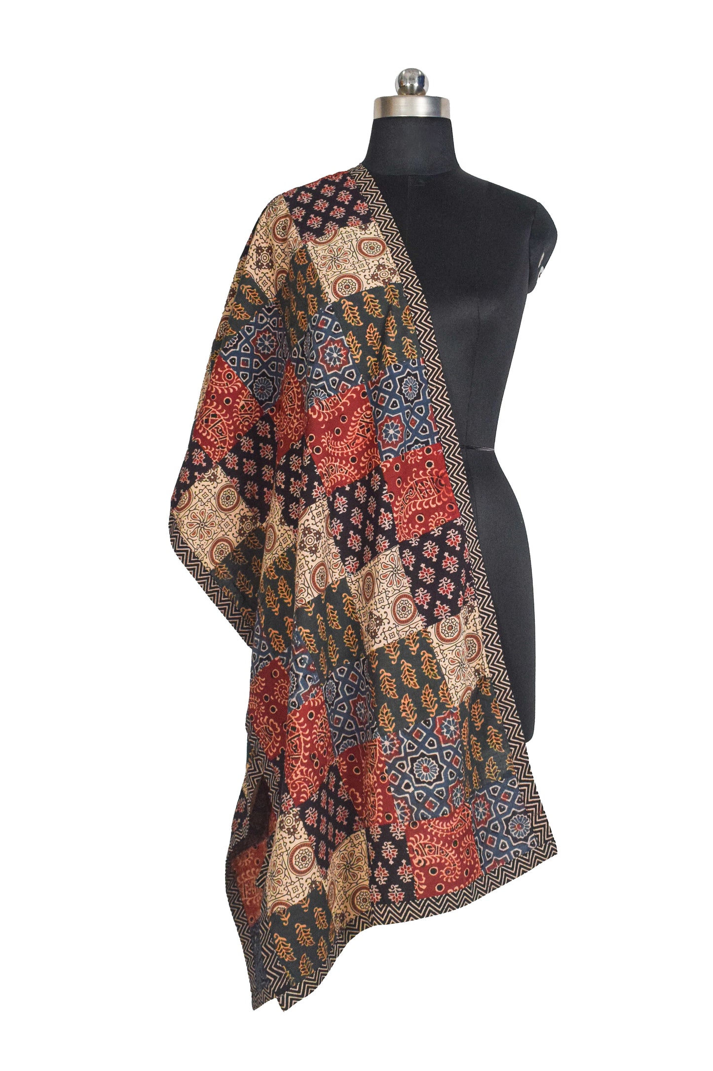 Ajrakh Cotton Natural Dye Applique ( Patches) Work Hand Block Print Stole  - 2.1 Mtr Length    -  SKU : KB25701A
