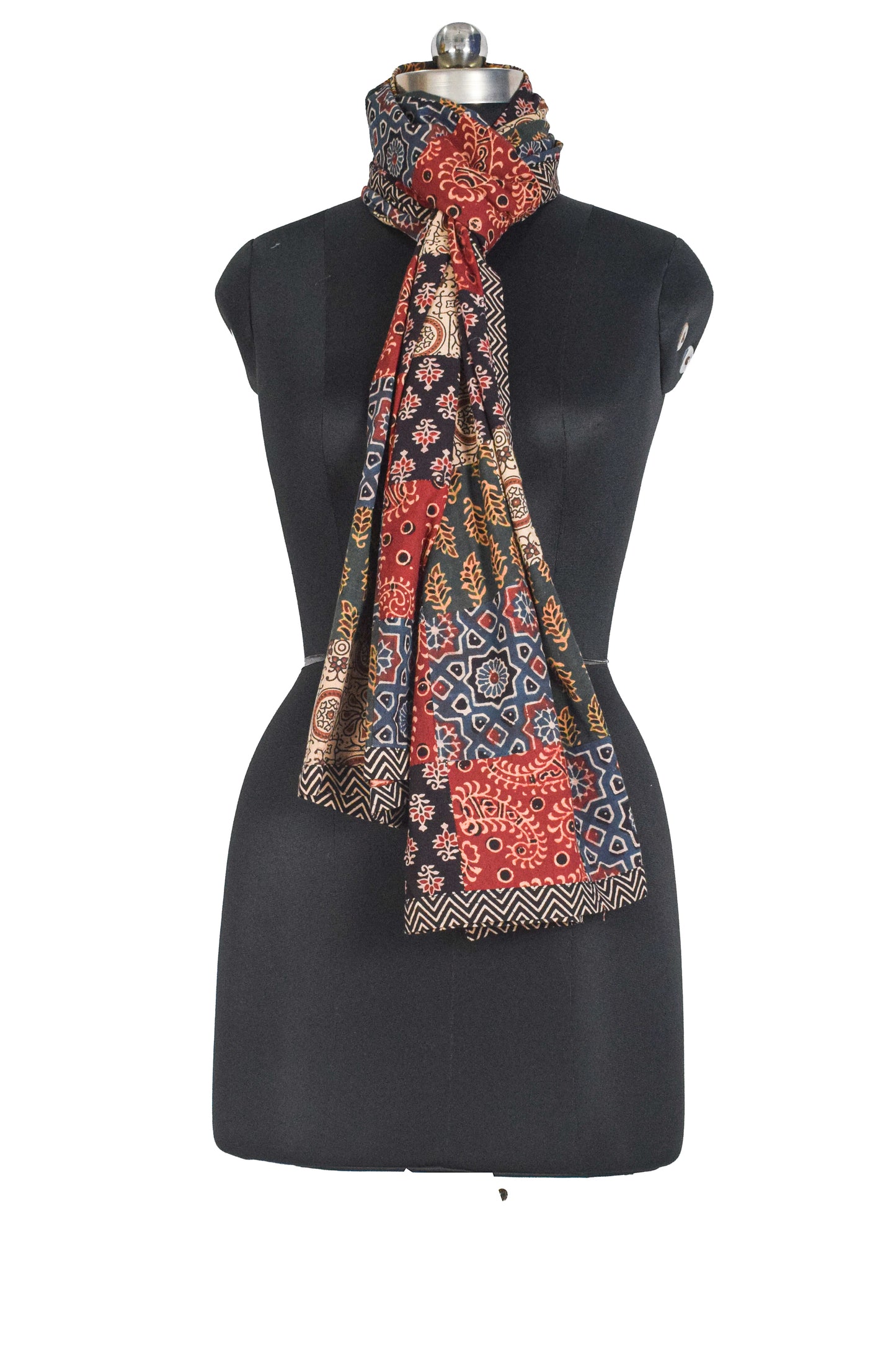 Ajrakh Cotton Natural Dye Applique ( Patches) Work Hand Block Print Stole  - 2.1 Mtr Length    -  SKU : KB25701A