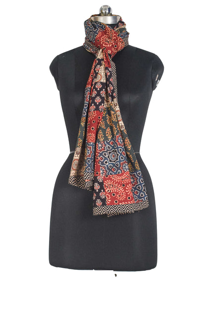 Ajrakh Cotton Natural Dye Applique ( Patches) Work Hand Block Print Stole  - 2.1 Mtr Length    -  SKU : KB25701A