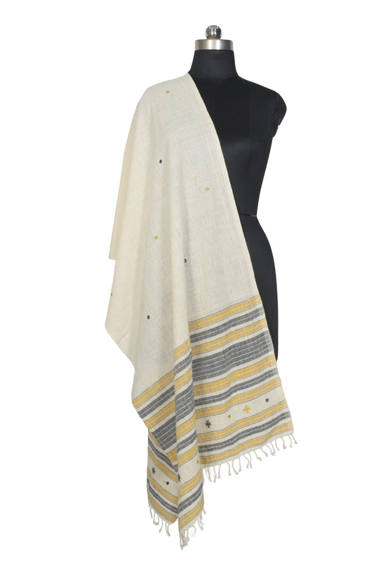 Weaving Design Kala Cotton Small Mirror Work Stole with Tassels - 2.1 Mtr Length    -  SKU : DB05A02A