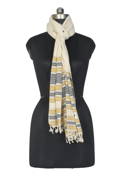 Weaving Design Kala Cotton Small Mirror Work Stole with Tassels - 2.1 Mtr Length    -  SKU : DB05A02A