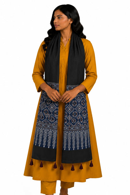 Ajrakh Modal Silk Part Natural Dye Half Plain Dyeing Hand Block Print Stole With Tassels - 2.1 Mtr Length    -  SKU : AI2690BF