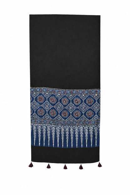 Ajrakh Modal Silk Part Natural Dye Half Plain Dyeing Hand Block Print Stole With Tassels - 2.1 Mtr Length    -  SKU : AI2690BF