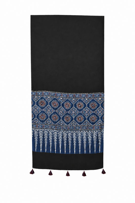 Ajrakh Modal Silk Part Natural Dye Half Plain Dyeing Hand Block Print Stole With Tassels - 2.1 Mtr Length    -  SKU : AI2690BF