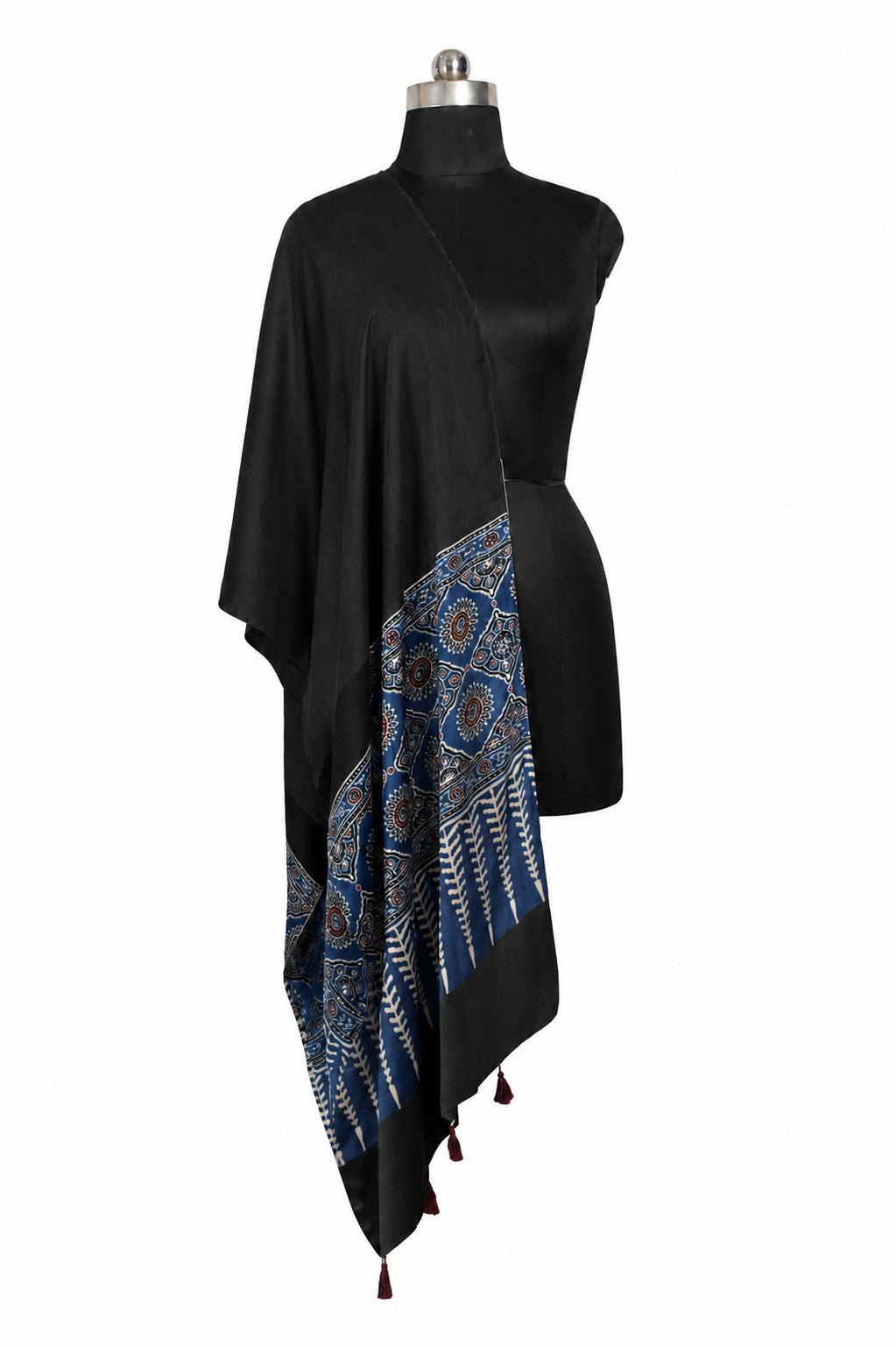 Ajrakh Modal Silk Part Natural Dye Half Plain Dyeing Hand Block Print Stole With Tassels - 2.1 Mtr Length    -  SKU : AI2690BF