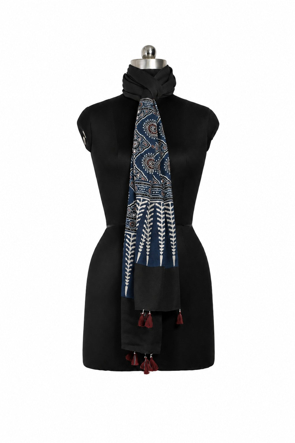 Ajrakh Modal Silk Part Natural Dye Half Plain Dyeing Hand Block Print Stole With Tassels - 2.1 Mtr Length    -  SKU : AI2690BF