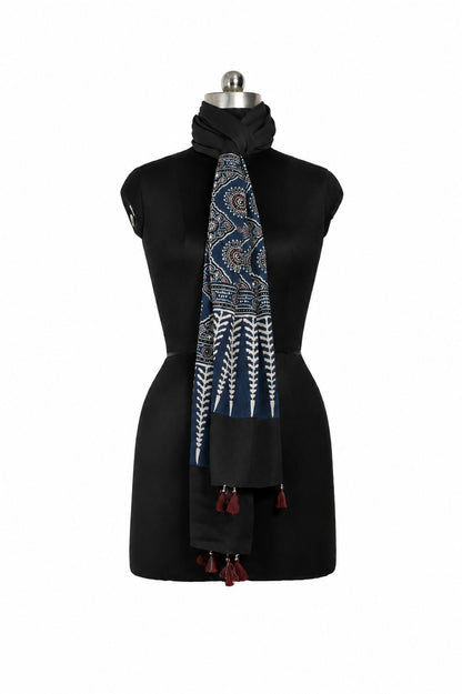 Ajrakh Modal Silk Part Natural Dye Half Plain Dyeing Hand Block Print Stole With Tassels - 2.1 Mtr Length    -  SKU : AI2690BF