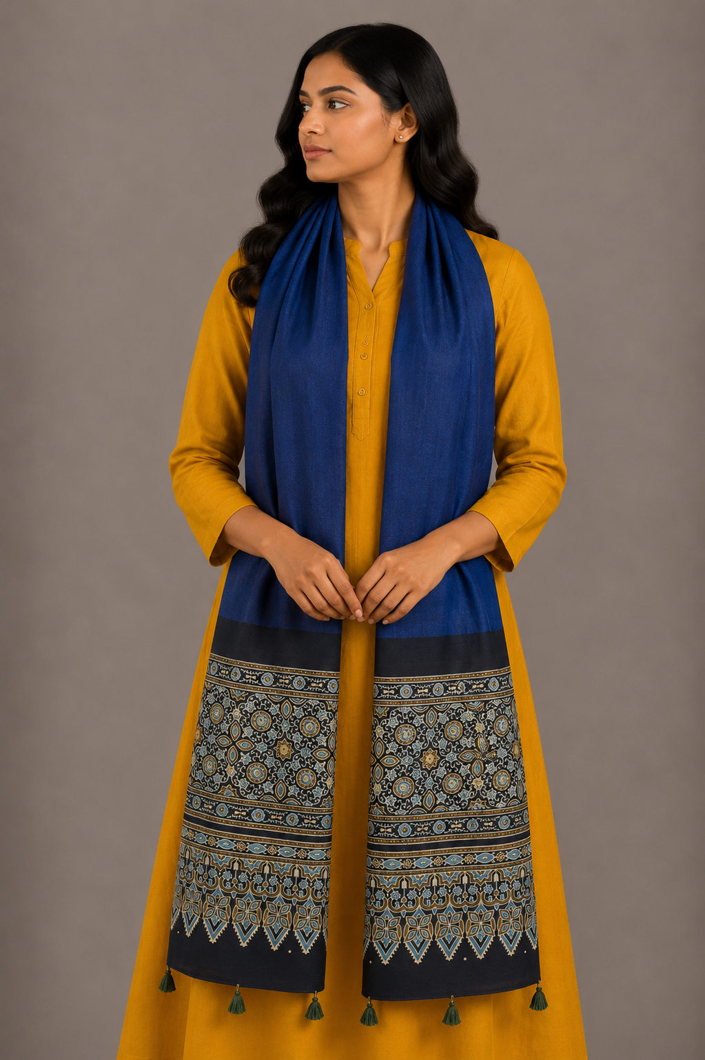 Ajrakh Modal Silk Part Natural Dye Half Plain Dyeing Hand Block Print Stole With Tassels - 2.1 Mtr Length    -  SKU : AI26902I